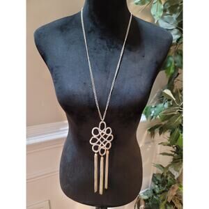 Women's Long Silver Pendant Necklace Tassel Statement Lobster Clasp